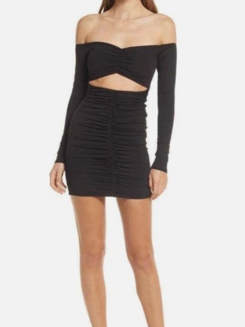 Naked Wardrobe Black Ruched Long Sleeve Mini Dress